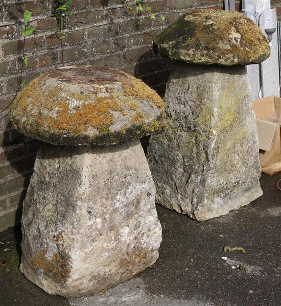 A near pair of staddle stones, Approx. 33in. and 38in.